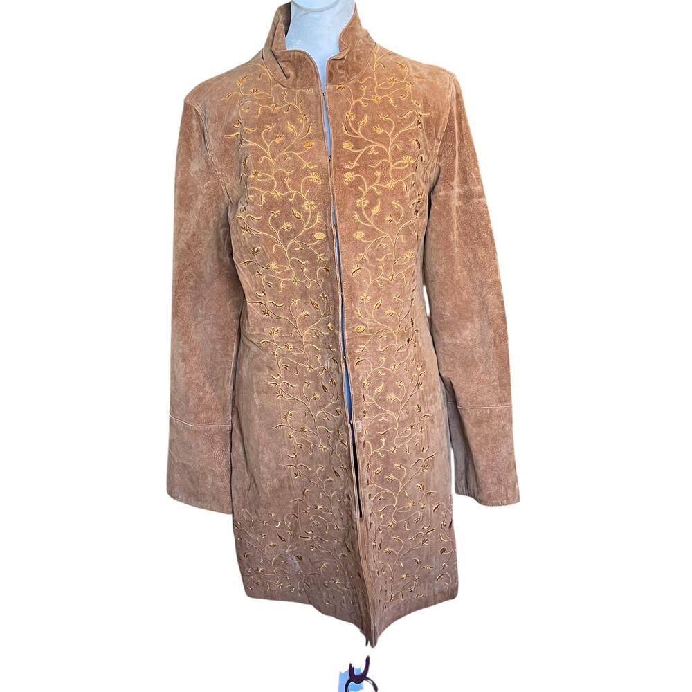 Prosper & Devine Women’s Brown Leather Suede Jacket Large Floral Embroidered